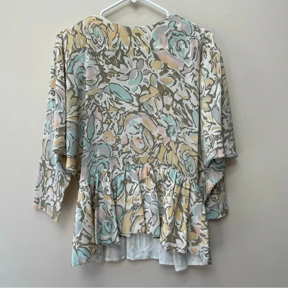 VTG St. Gillian 100% Silk Abstract Floral Dolman Sleeve Peplum Zip Top Size 12